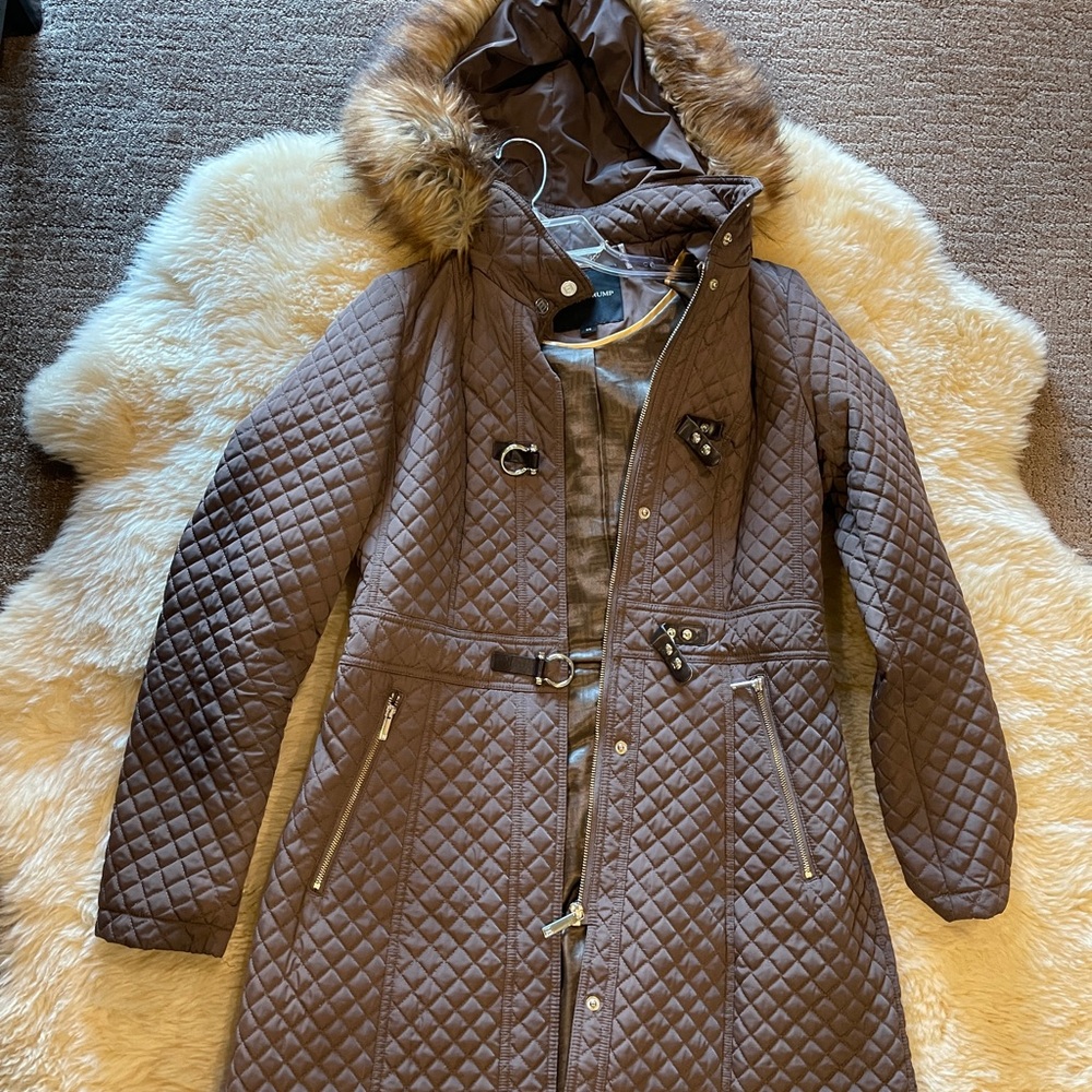Ivanka Trump Brown Polyester Faux Fur Hood Zip Quilted Hooded Jacket Coat
